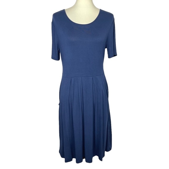 DouBCQ Dress Womens Large Navy Blue Short Sleeve Pockets Pleated Rayon Stretch - Picture 2 of 12